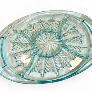 Jeanette Glass Co Blue Feather Divided Glass Serving Relish Tray, Tea Party